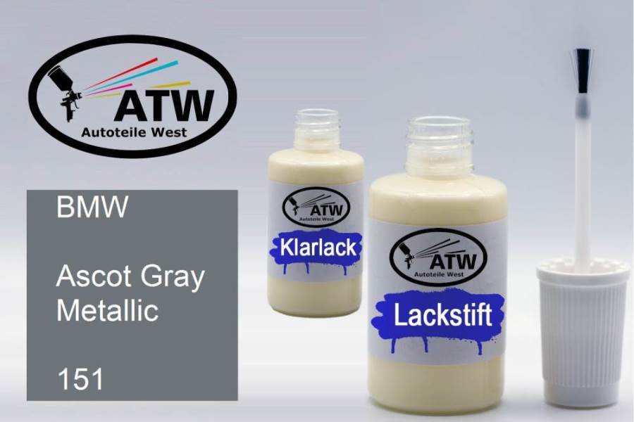 BMW, Ascot Gray Metallic, 151: 20ml Lackstift + 20ml Klarlack - Set, von ATW Autoteile West.